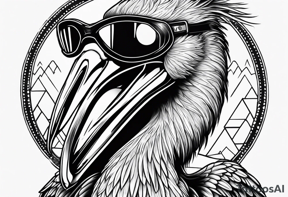 angry pelican wearing goggles tattoo idea