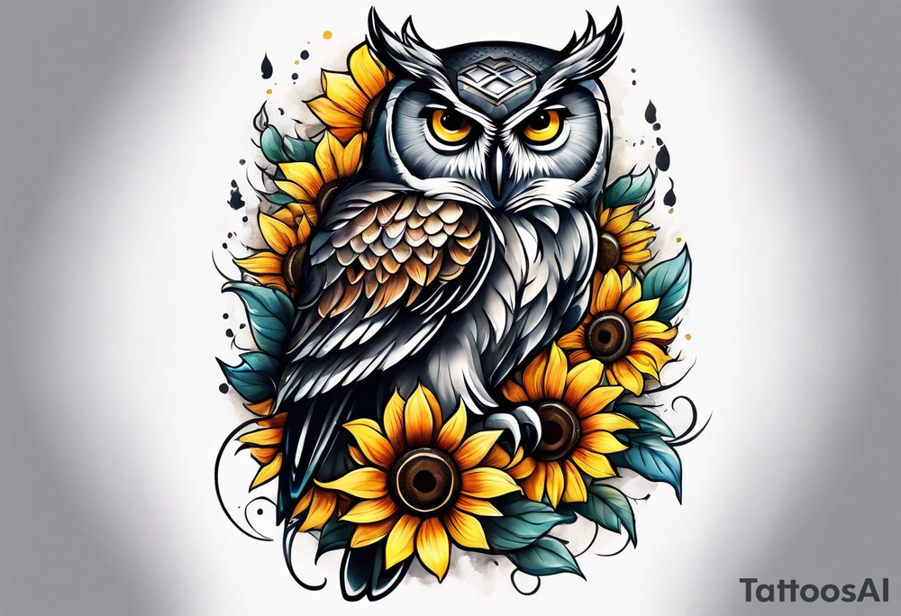 Owl with sunflowers leg sleeve tattoo idea