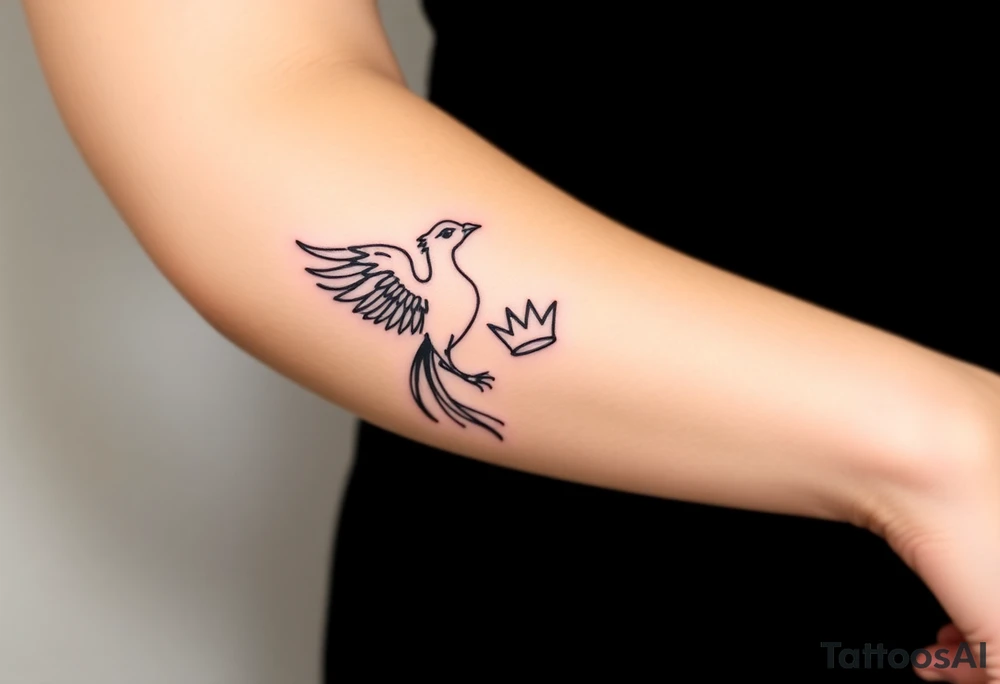 Minimal phoenix and crown fine lines tattoo idea