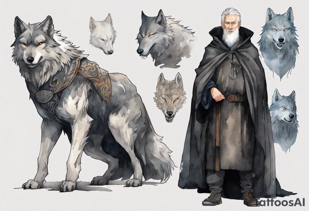 a gaunt medieval man with grey hair, white eyes, and a black cloak standing beside a massive grey wolf tattoo idea