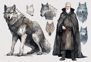 a gaunt medieval man with grey hair, white eyes, and a black cloak standing beside a massive grey wolf tattoo idea