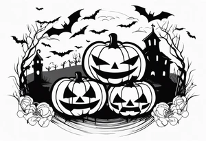 evil jack-o-lanterns on human heads with bats in caves and penny wise in the background cemetary payground tattoo idea