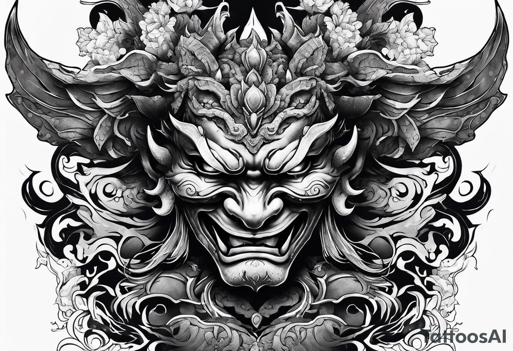 Oni mask with  adragon flying around the outside of it tattoo idea