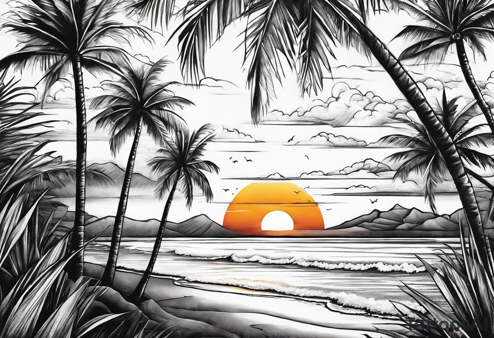 Sunset on beach palm trees tattoo idea