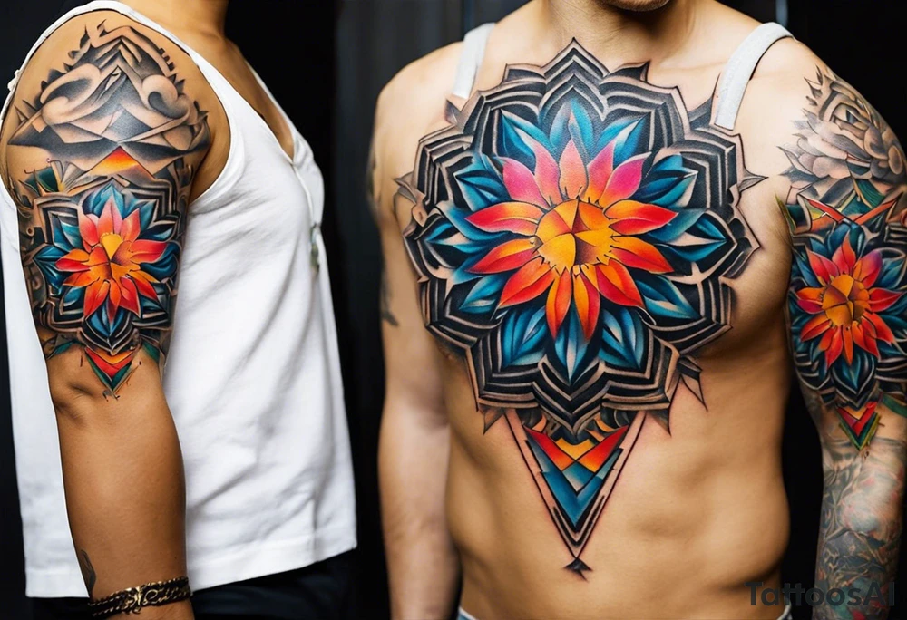 Wide tattoo that appears to be bursting out of the skin, symbolizing freedom. The tattoo should be vibrant and dynamic, with bold lines and colors that evoke a sense of liberation and empowerment. Need to incorporate elements such as broken chains and other symbols of freedom. The tattoo should be visually striking and thought-provoking. tattoo idea