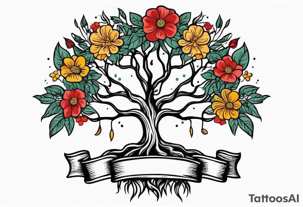 tree with roots 
and banner across

old school vintage simple traditional design with vintage flowers surrounding
bold color simple tattoo idea