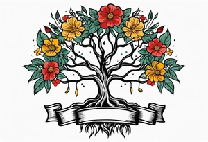 tree with roots 
and banner across

old school vintage simple traditional design with vintage flowers surrounding
bold color simple tattoo idea