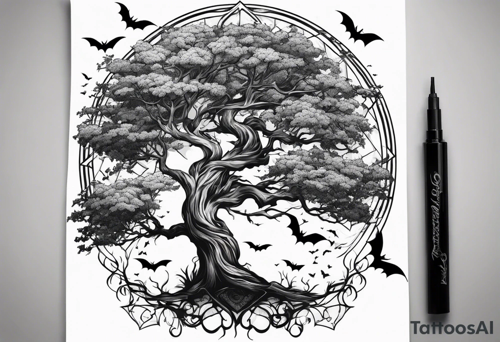 poison tree with wind and bats tattoo idea
