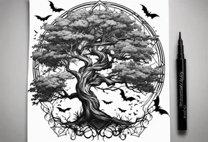 poison tree with wind and bats tattoo idea