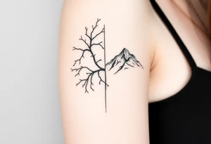 Split scene: stormy forest with tangled branches on one side, peaceful mountain range on the other. Blended transition. Black and white, minimalist tattoo idea