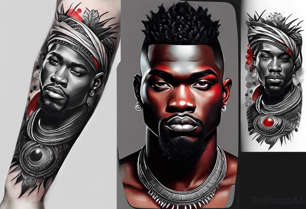 homem divindade africano realista em preto e cinza com os olhos brancos e fundo com tons de vermelho usando na mão um falo com cabaças penduradas tattoo idea