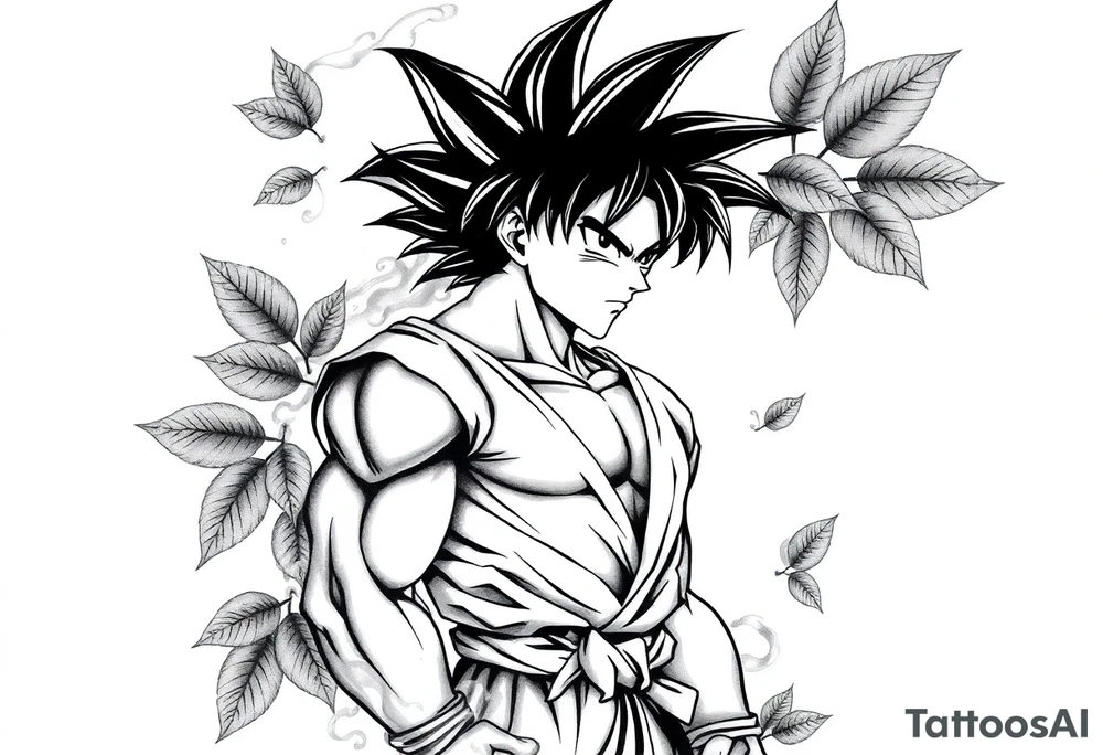Tattoo design of Son Goku with smoke flowing through his body, surrounded by leaves in negative space effect, featuring soft shading around the edges and dotwork shading inside, with multiple contrast levels throughout. Highly detailed, intricate design with dynamic composition, emphasizing the interaction between the smoke and character, with the negative space leaves creating depth and balance. Professional tattoo art style with clean lines and sophisticated shading techniques. tattoo idea