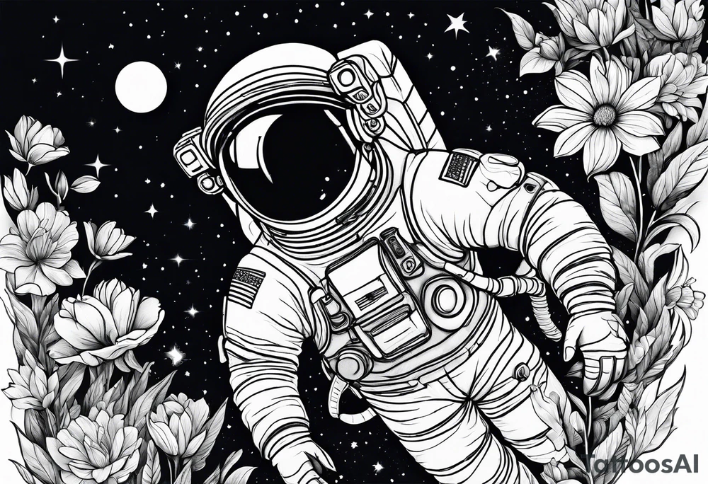 Astronaut floating through flowers tattoo idea