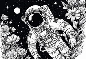 Astronaut floating through flowers tattoo idea
