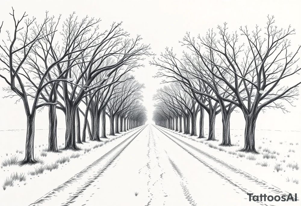 Tree-lined dirt road. Road is rough, little shoulder. Deciduous trees arch across it, meeting in the middle. 

Road should be rougher, more rural. Branches start lower. The trees in the foreground should be bigger — perspective has road getting smaller. 

Make the trees leafier. Branches begin lower on the trunk. 

Much leafier trees. Summer. Can’t see much behind the trees 

Make the trees oak. More leaves tattoo idea