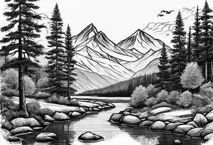 Mountain scene with a river with a subtle peace sign. Use IT IS WELL written in the scene tattoo idea
