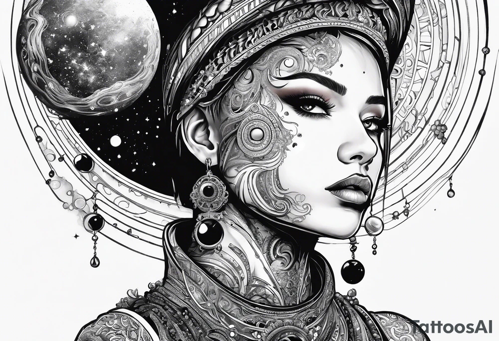 A tekno raver whose face is a mirror reflecting a cosmic scene with planets, black holes, and supernovae. tattoo idea