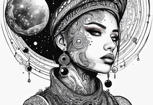A tekno raver whose face is a mirror reflecting a cosmic scene with planets, black holes, and supernovae. tattoo idea