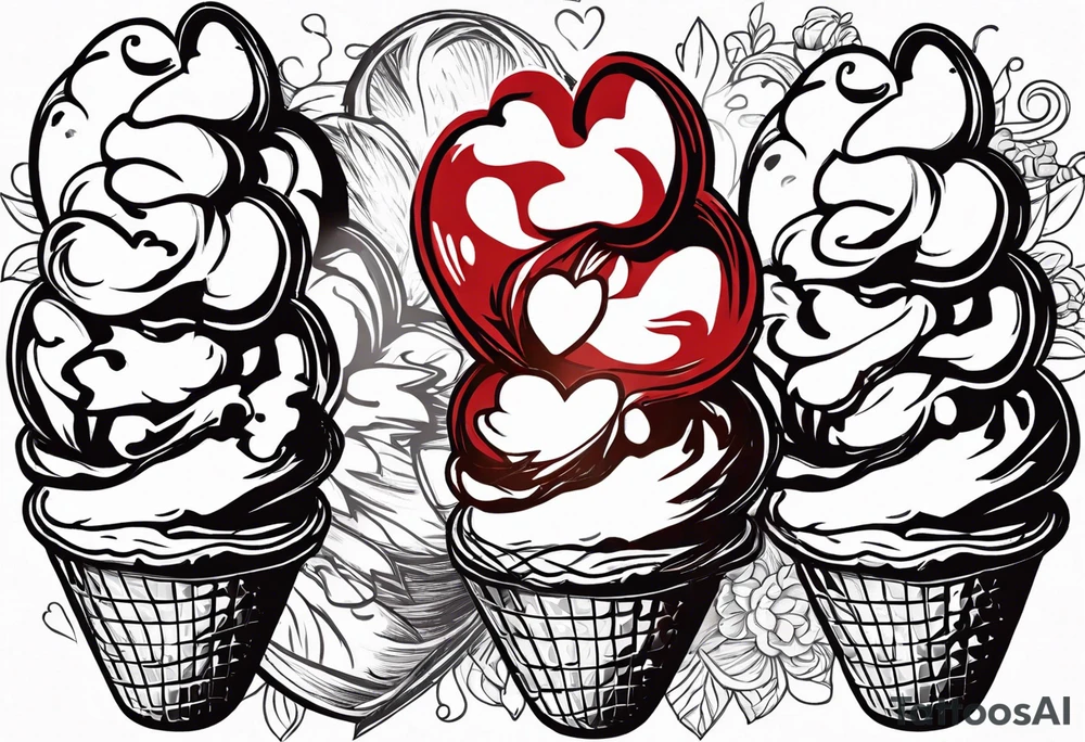 sketch chocolate chip ice cream cone with one red heart tattoo idea