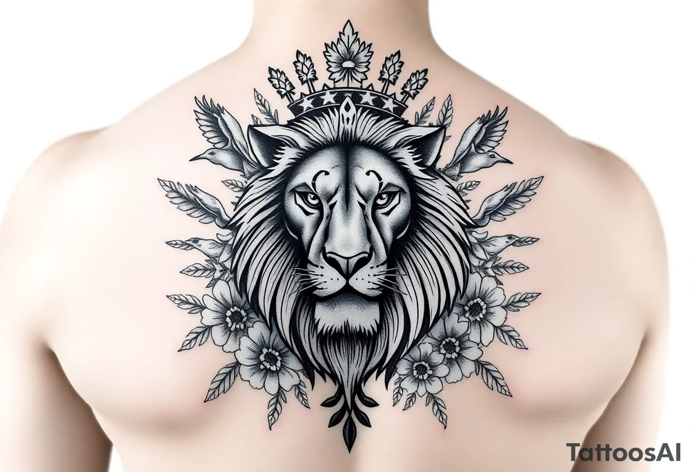 powerful majestic lion with a crown, surrounded by floral ornaments and birds tattoo idea