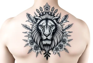 powerful majestic lion with a crown, surrounded by floral ornaments and birds tattoo idea