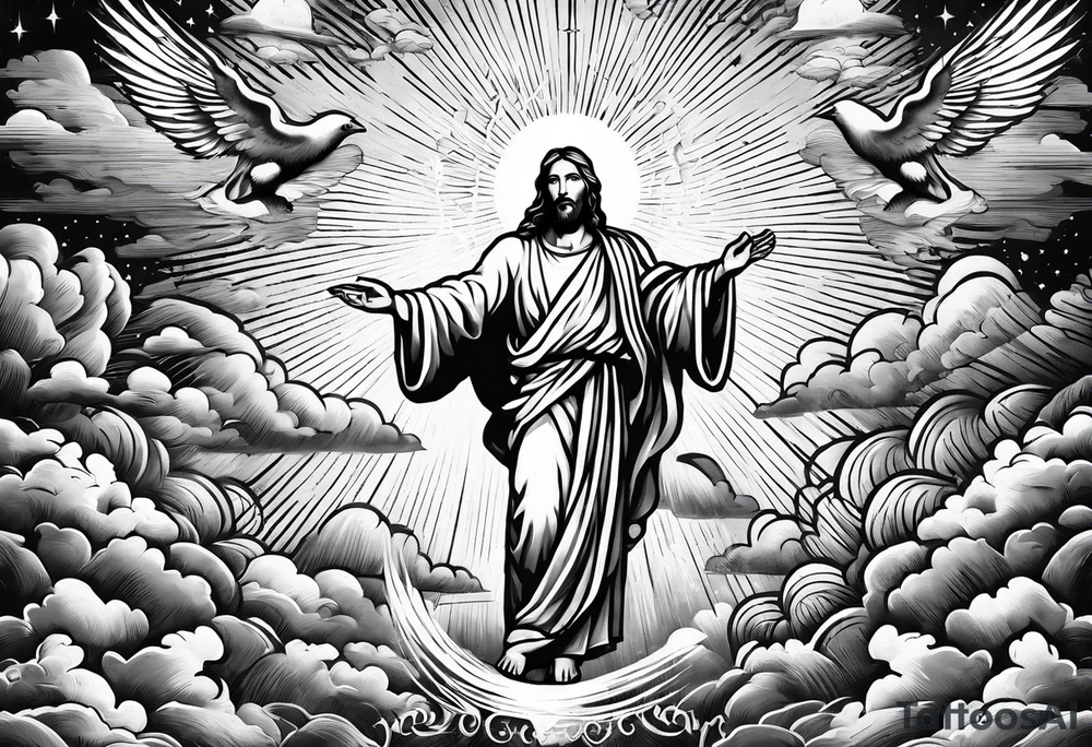 Jesus ascending to heaven with angels and doves and sunbeams around him tattoo idea