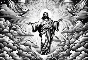 Jesus ascending to heaven with angels and doves and sunbeams around him tattoo idea