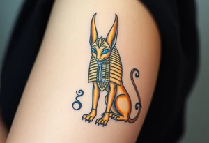 A golden Anubis with piercing ice-blue eyes, standing at the gates of the underworld, surrounded by swirling desert sand tattoo idea