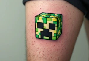 Small green Minecraft creeper head block smaller more vibrant colors tattoo idea