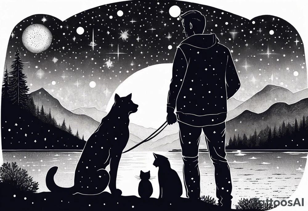 a night sky with leo and cancer constellation, mountains, a father and son with his dog and cat sitting by the water tattoo idea