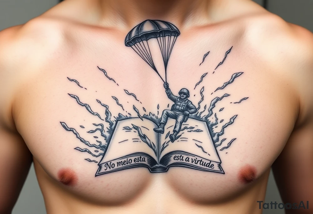 A parachuting soldier landing into an open book. Chaos surrounding, but the book is protecting the soldier from it. On the chest. Make it smaller. Make it thought provoking. "No meio esta a virtude" underneath the book. Make the chaos in the environment be a thunderstorm tattoo idea