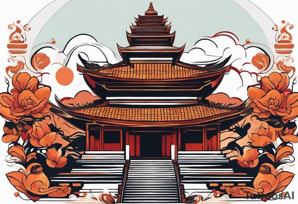 quiero crear una composicion para un tatuaje del antebrazo completo en blanco y negro con pequeños tatuajes de tematica asiatica que incluya una rana con sombrero de vietnam, varios guerreros de terracota y una imagen del templo de camboya ankor tattoo idea