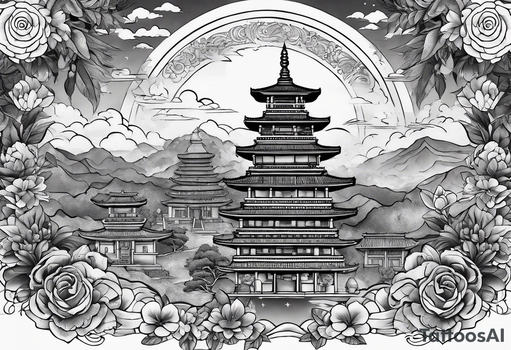 The background of the tattoo as a world map with a small buddhist shrine at the bottom for the back of a forearm tattoo idea