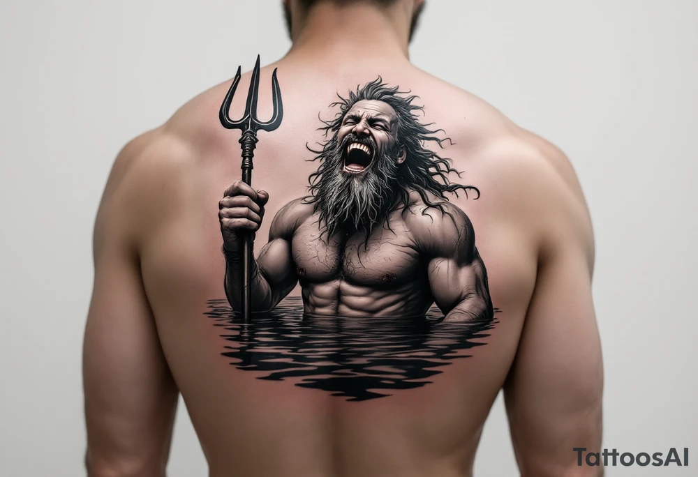 laughing poseidon in calm water, holding a trident, holding a beer, with bare feet out of water tattoo idea