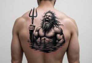 laughing poseidon in calm water, holding a trident, holding a beer, with bare feet out of water tattoo idea