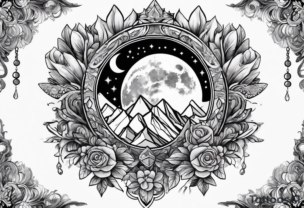 crystals in a bunch tied with ribbon, charms hanging from ribbon and surrounding the crystals
moon in the background tattoo idea
