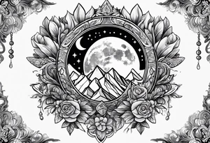 crystals in a bunch tied with ribbon, charms hanging from ribbon and surrounding the crystals
moon in the background tattoo idea