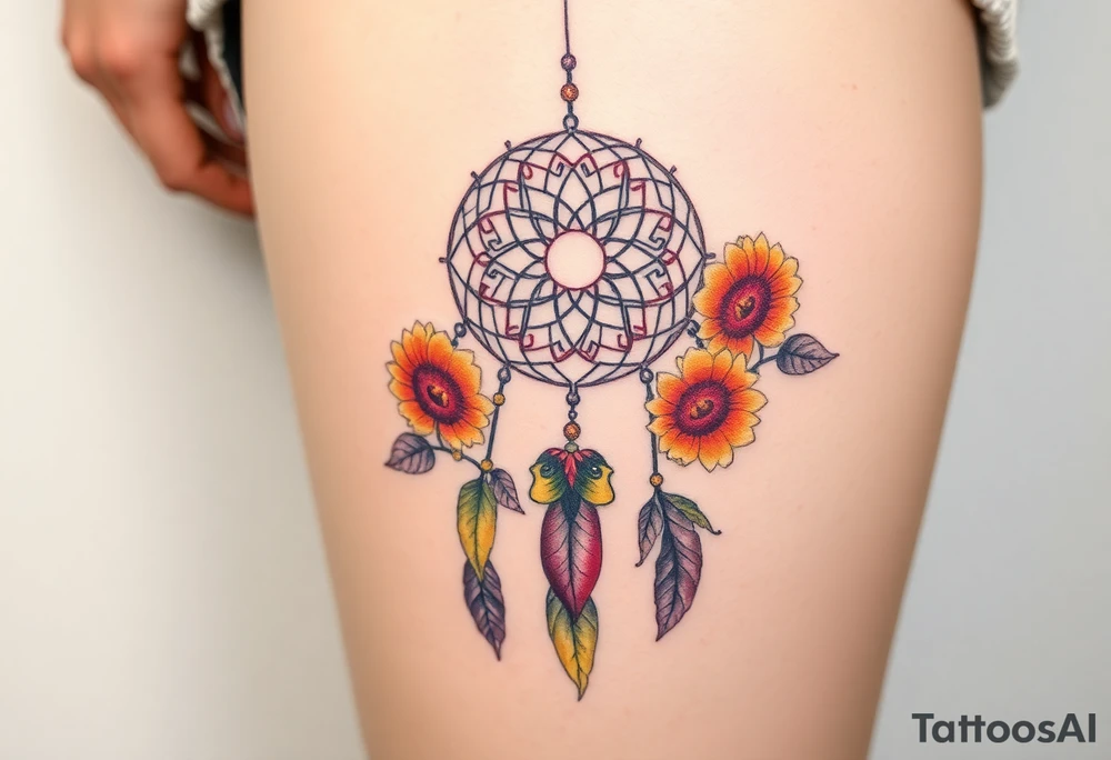 Dreamcatcher with zodiac symbols and protection runes caught in it with tigerlillies roses and sunflowers tattoo idea
