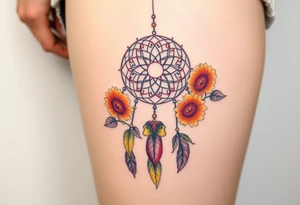 Dreamcatcher with zodiac symbols and protection runes caught in it with tigerlillies roses and sunflowers tattoo idea