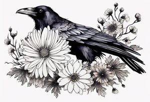 a raven with a small white chrysanthemum headband tattoo idea