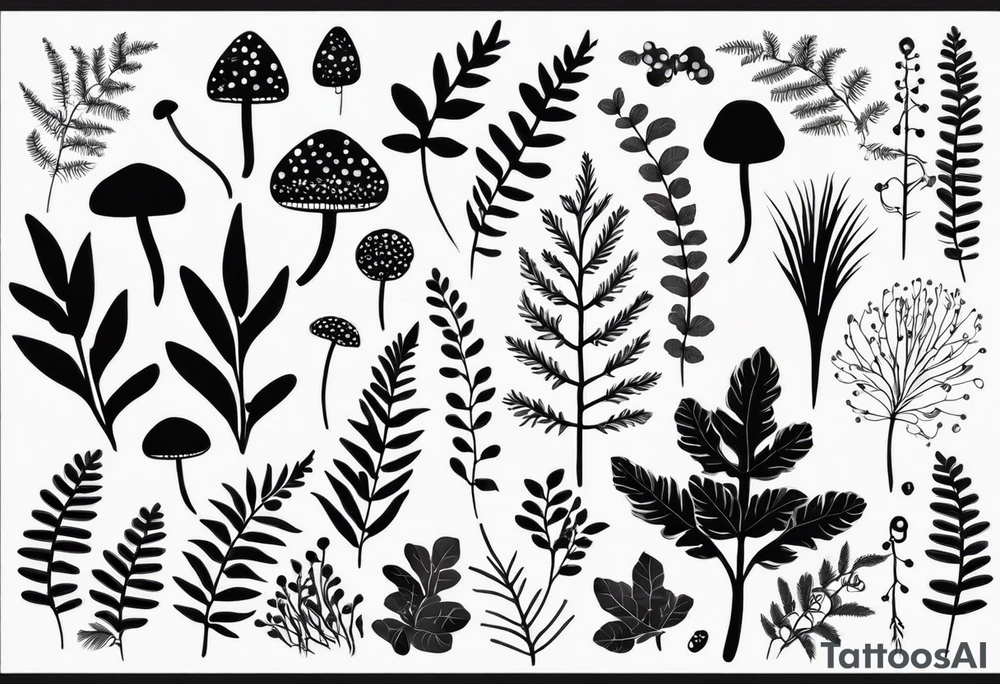 forest floor inspired minimalist tattoo, which includes grass, curly ferns, moss and dead leaves as the bulk of the tattoo. details to include: forest berries, a tiny bumblebee flying nearby, three small brown mushrooms
Generate a vertically long one tattoo idea