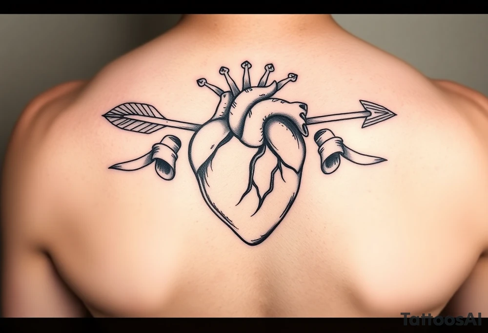 anatomical heart pierced by ornate arrow with flowing ribbons tattoo idea