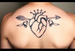anatomical heart pierced by ornate arrow with flowing ribbons tattoo idea