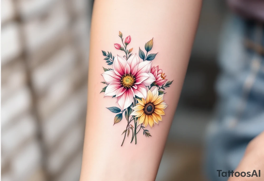 Sunflowers and stargazer lillies in pink and white in a dainty wildflower bouquet with stems tattoo idea
