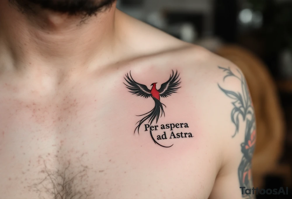 Inked in crimson and charcoal, this tattoo pairs the Latin phrase "Per aspera ad Astra" with a rising phoenix, evoking triumph through pain. tattoo idea