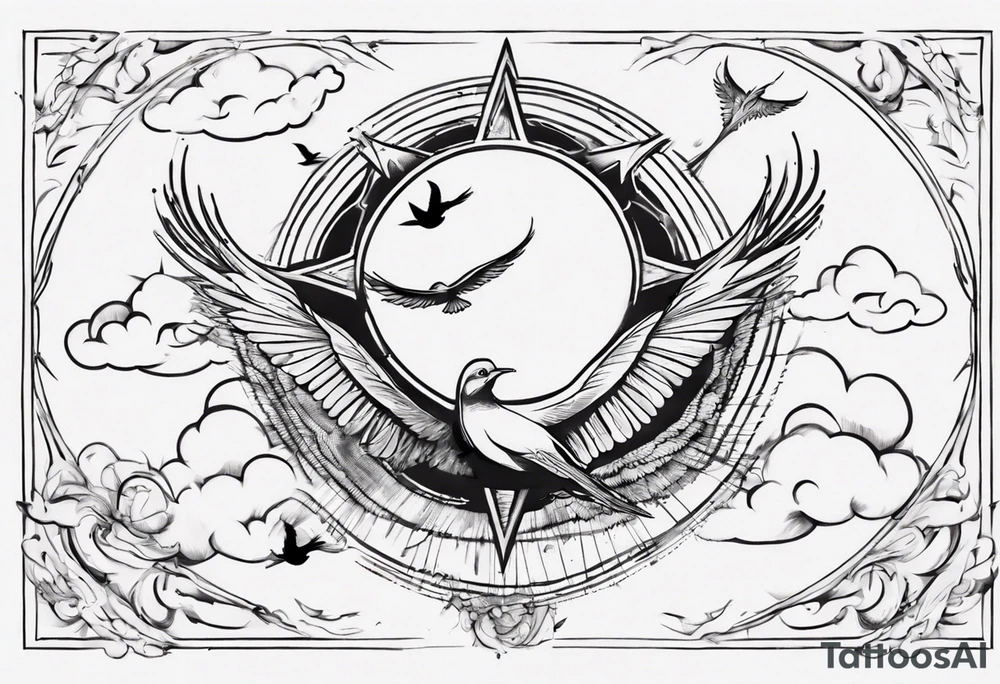 a shoulder tattoo with rays of light, clouds and birds flying free tattoo idea