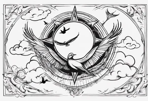 a shoulder tattoo with rays of light, clouds and birds flying free tattoo idea