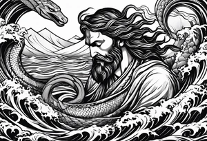 Almighty Jesus Christ choking a powerful Serpent in the ocean tattoo idea