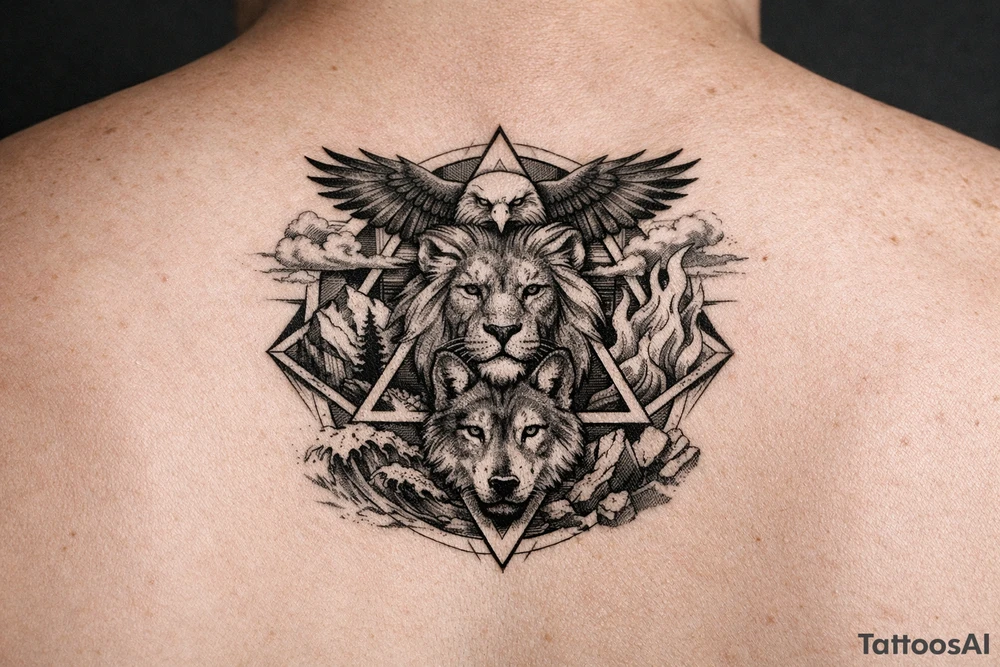Strength, humble, honourable, respectful, being adaptable to all situations

Using animals, elements (earth wind fire water), geometric shapes tattoo idea