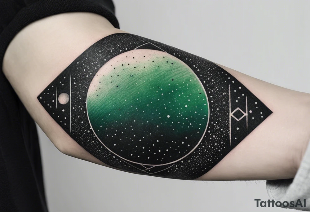 space, abstract, green and black, covered from wrist to forearm, fully covered, no borders, blackwork, no people tattoo idea